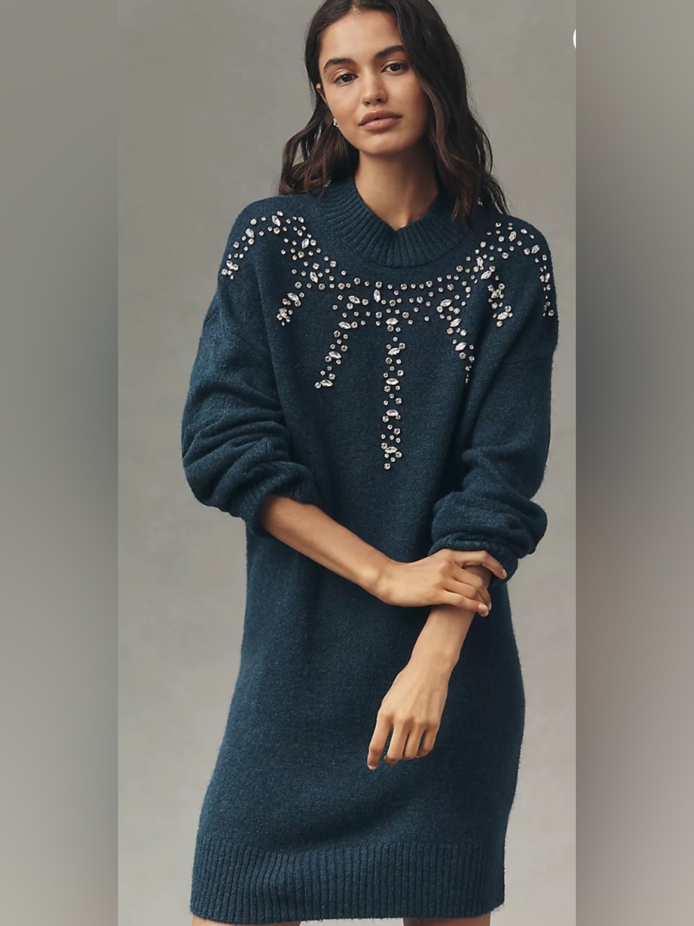 By Anthropologie Long-Sleeve Embellished Sweater Mini Dress NWT size XS